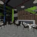 Modern Industrial Lounge Area With Wooden Tables Green Plants And Stairs