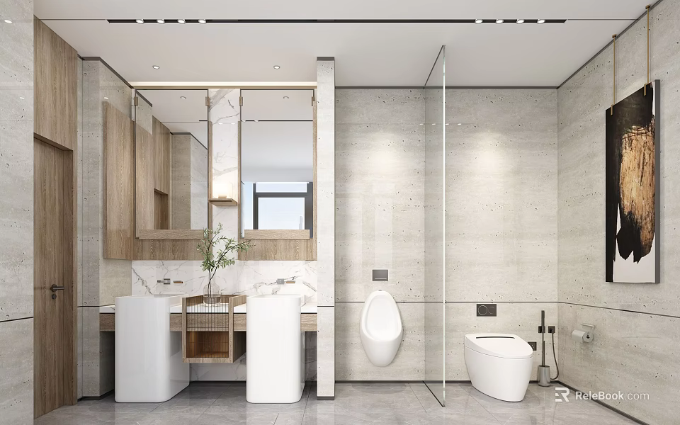 Modern Bathroom Interior With Wooden Cabinets Large Mirror Double Sinks White Toilet Urinal Glass Shower 3d model 