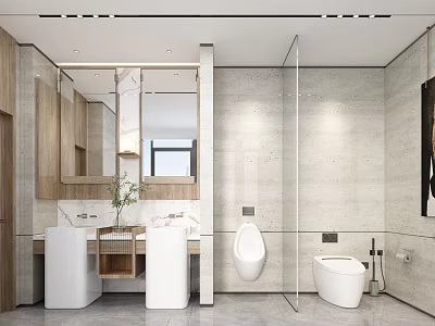 Modern Bathroom Interior With Wooden Cabinets Large Mirror Double Sinks White Toilet Urinal Glass Shower 3d model