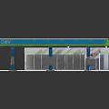 Cartoon Scene Of Gas Station With White Building Green Roof Fuel Pumps And Reflection