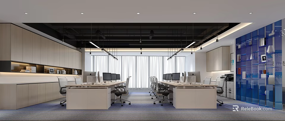Modern Public Office Area With Desks Computers Office Chairs And Large Windows 3d model 