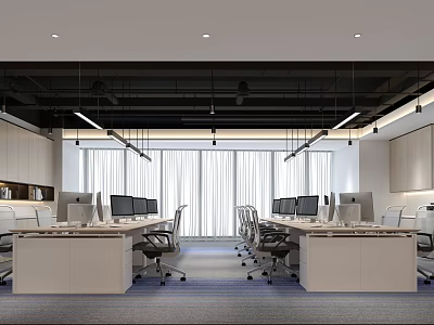 Modern Public Office Area With Desks Computers Office Chairs And Large Windows 3d model