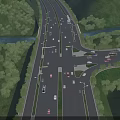 Road Infrastructure With Intersection River Greenery And Vehicles 3d model