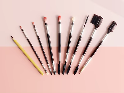 Professional Makeup Brushes With Various Colors And Sleek Handles On Pastel Background 3d model