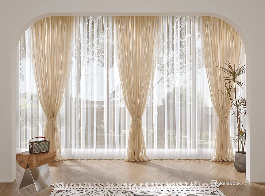 Beige Curtains With Sheer Panels Hanging At Arched Window Wooden Floor Small Table And Plant 3d model 