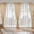 Beige Curtains With Sheer Panels Hanging At Arched Window Wooden Floor Small Table And Plant