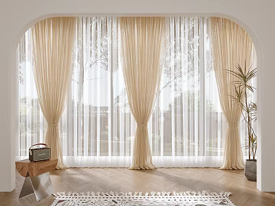 Beige Curtains With Sheer Panels Hanging At Arched Window Wooden Floor Small Table And Plant 3d model