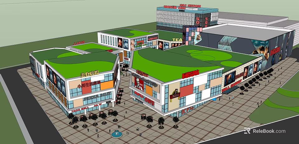 Modern Commercial Street With Green Roofs Retail Shops And Pedestrian Plaza Seating 3d model 