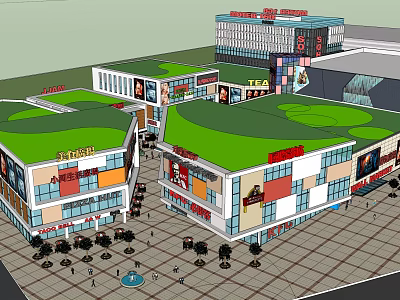 Modern Commercial Street With Green Roofs Retail Shops And Pedestrian Plaza Seating 3d model
