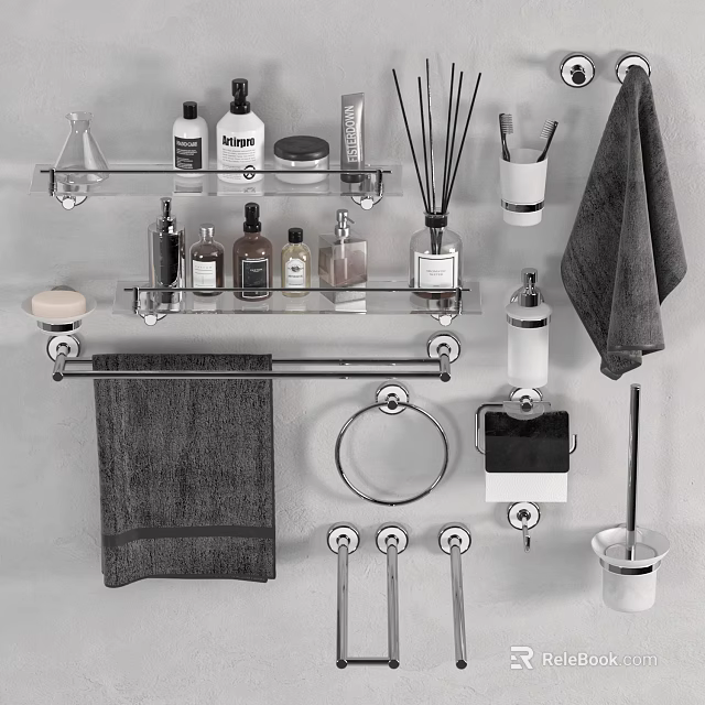 Stylish Bathroom Accessories With Towel Rack Towels Toiletry Bottles Soap Dish And Toilet Paper Holder 3d model 