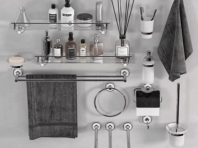 Stylish Bathroom Accessories With Towel Rack Towels Toiletry Bottles Soap Dish And Toilet Paper Holder 3d model