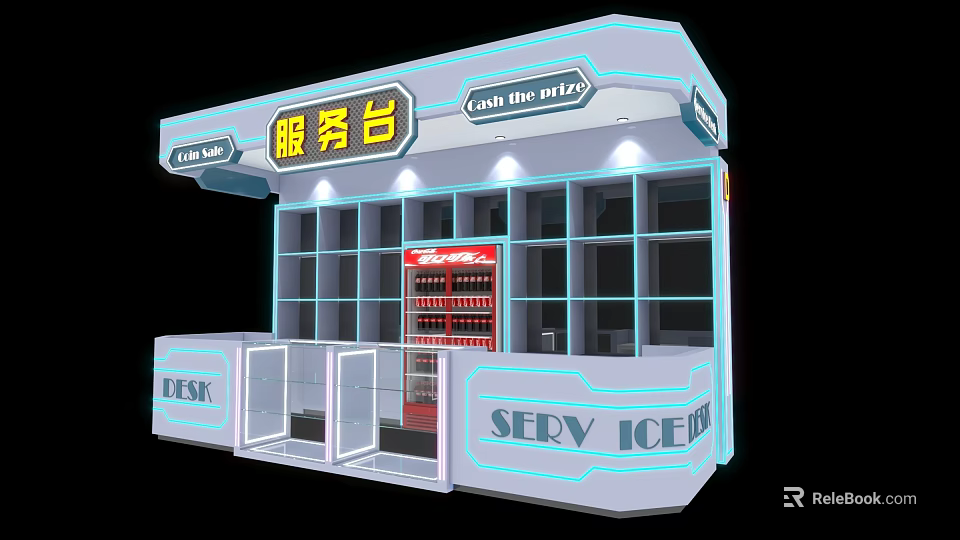 Modern Reception Desk With Glass Panels Lighting Coca-Cola Vending Machine And Service Sign 3d model 