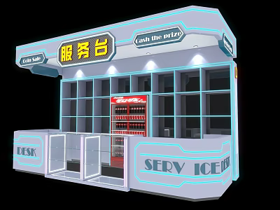 Modern Reception Desk With Glass Panels Lighting Coca-Cola Vending Machine And Service Sign 3d model