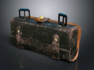 Vintage Black Suitcase With Blue Handles Golden Ball Worn Texture And Orange Edges 3d model