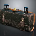 Vintage Black Suitcase With Blue Handles Golden Ball Worn Texture And Orange Edges