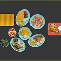 Assorted Food Plates With Fries Salad Skewers Vegetables Sauces And Red Container