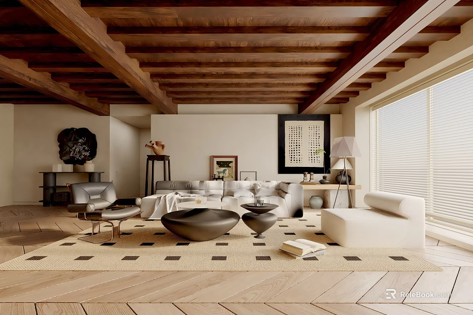 Warm Living Room Interior With Wooden Beam Ceiling Sofa Round Coffee Tables And Geometric Rug 3d model 