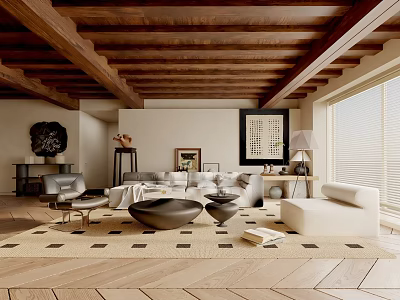 Warm Living Room Interior With Wooden Beam Ceiling Sofa Round Coffee Tables And Geometric Rug 3d model