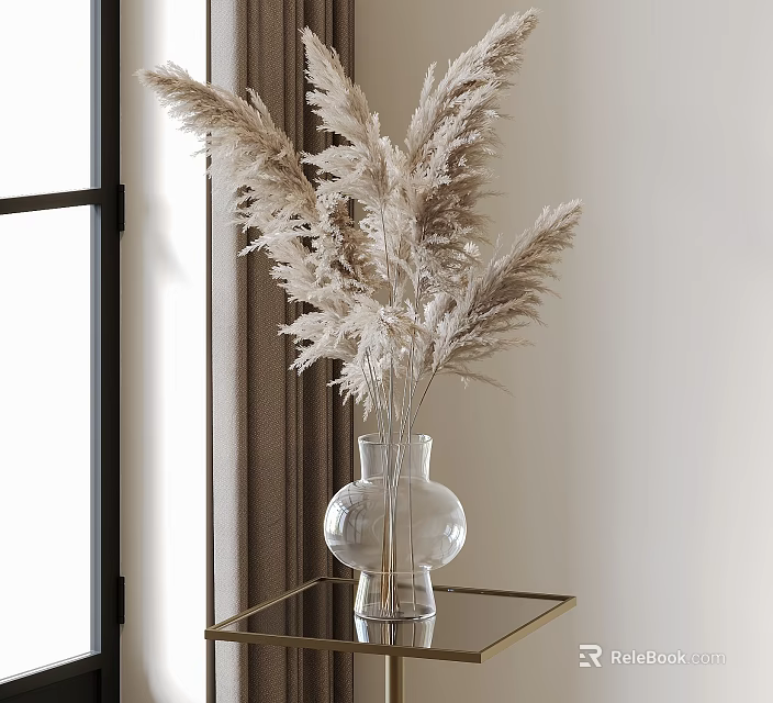 Clear Glass Vase With Dried Pampas Grass On Gold Metal Table By Window 3d model 