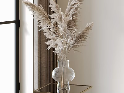 Clear Glass Vase With Dried Pampas Grass On Gold Metal Table By Window 3d model