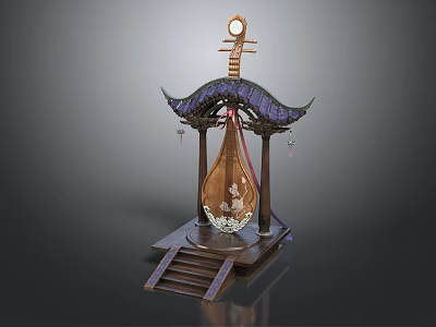 Cartoon Scene of Traditional Chinese Pipa with Architectural Roof and Wooden Base Steps 3d model