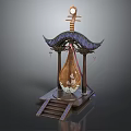 Cartoon Scene of Traditional Chinese Pipa with Architectural Roof and Wooden Base Steps