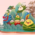 Happy Dragon Boat Festival Decorative Scene With Dragon Boat Rice Dumplings And Mountains