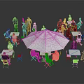 Indoor Gathering Scene With Many People Tables Chairs And Large Umbrella
