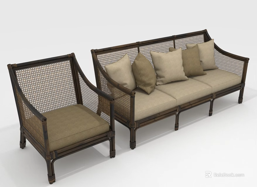 Rattan Wicker Back Sofa Set With Dark Wooden Frame And Beige Cushions 3d model 