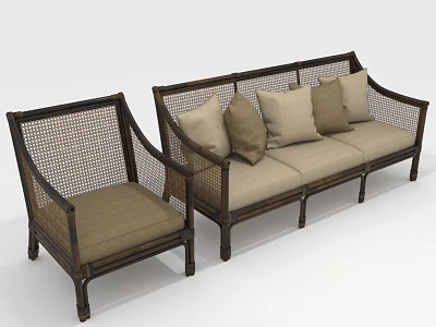 Rattan Wicker Back Sofa Set With Dark Wooden Frame And Beige Cushions 3d model