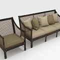 Rattan Wicker Back Sofa Set With Dark Wooden Frame And Beige Cushions