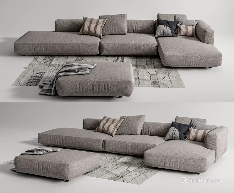 Large Sectional Sofa With Gray Fabric Decorative Pillows And Ottoman On Patterned Rug 3d model 