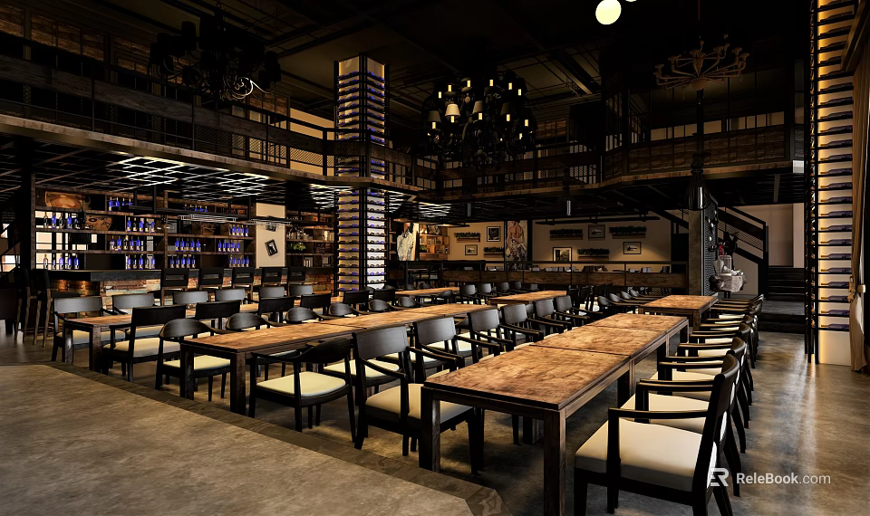 Industrial Bar Interior With Long Wooden Tables Hanging Chandeliers And Seating 3d model 
