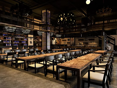 Industrial Bar Interior With Long Wooden Tables Hanging Chandeliers And Seating 3d model