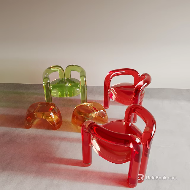 Multiple Transparent Acrylic Stools In Green Red Orange With Armrests On Gray Surface 3d model 