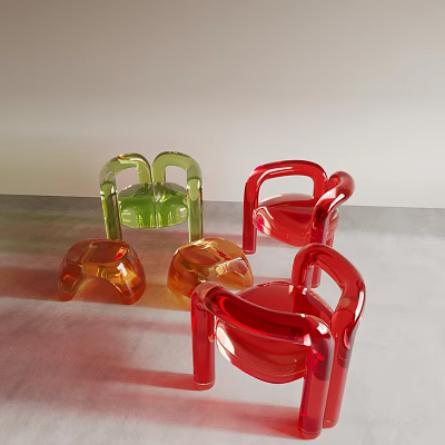 Multiple Transparent Acrylic Stools In Green Red Orange With Armrests On Gray Surface 3d model