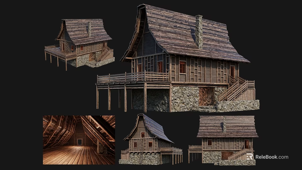 Ancient Architecture Featuring Traditional Roof Wooden Structure Stone Walls Balcony Staircase And Interior Beams 3d model 