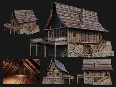 Ancient Architecture Featuring Traditional Roof Wooden Structure Stone Walls Balcony Staircase And Interior Beams 3d model