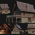Ancient Architecture Featuring Traditional Roof Wooden Structure Stone Walls Balcony Staircase And Interior Beams