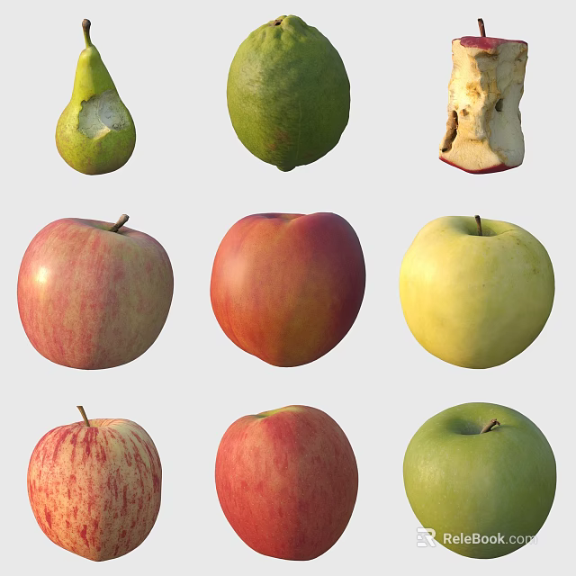 Fruit Collection Featuring Red Yellow Green Apples Pears and Bitten Lime 3d model 