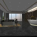 Modern Service Hall Interior With Reception Desk Sofa Seats Bookshelves And Large Windows