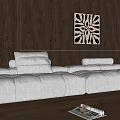 White Sectional Sofa With Cushions In Modern Living Room Wooden Wall Art And Green Plant