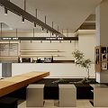 Modern Cafe Interior With Long Wooden Bench Black Seating And Hanging Lights