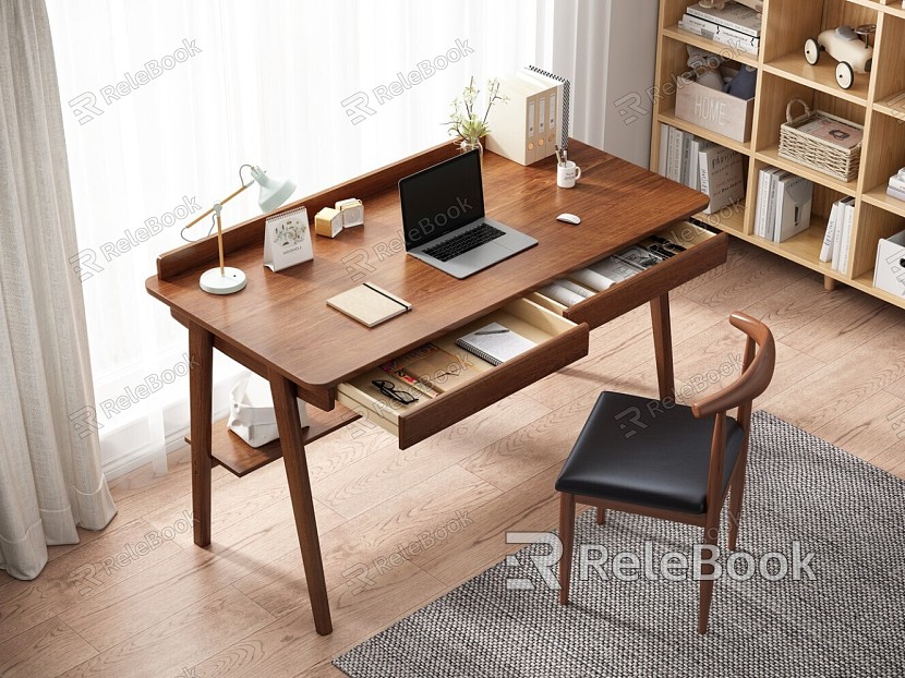 Modern Desk Chair Desk Desk Bookcase Chair Laptop Calendar Table Lamp Carpet Combination model