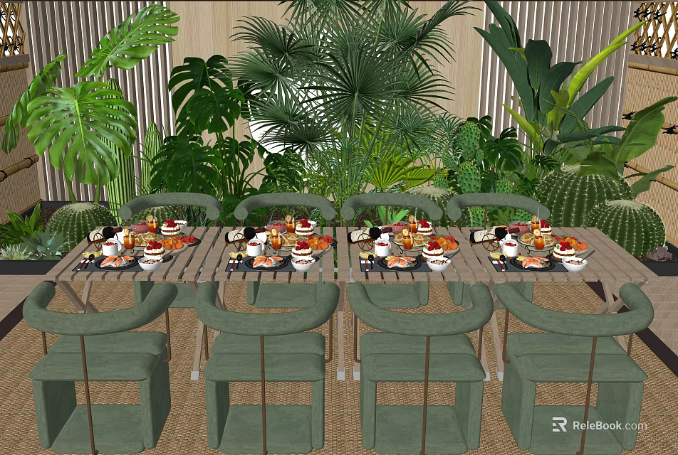 Lush Green Dining Table and Chair Set with Food Plates Among Tropical Plants 3d model 