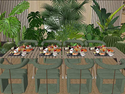 Lush Green Dining Table and Chair Set with Food Plates Among Tropical Plants 3d model