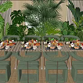 Lush Green Dining Table and Chair Set with Food Plates Among Tropical Plants