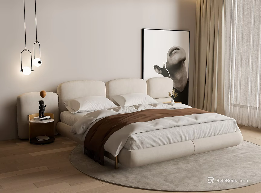 Modern Beige Double Bed Interior With Bedside Table Pendant Lights And Round Rug 3d model 
