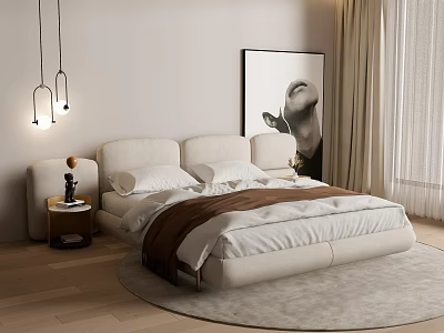 Modern Beige Double Bed Interior With Bedside Table Pendant Lights And Round Rug 3d model