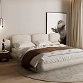 Modern Beige Double Bed Interior With Bedside Table Pendant Lights And Round Rug